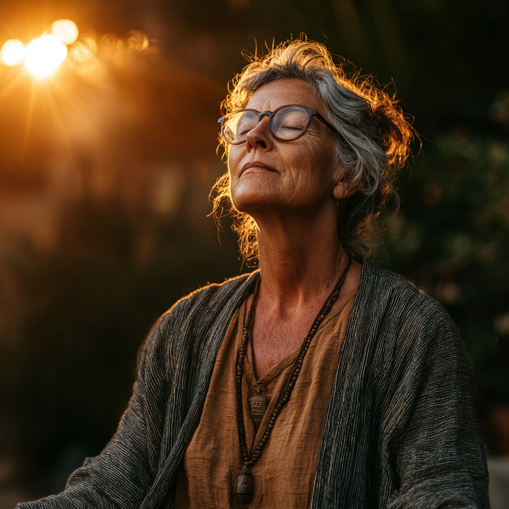 Femeie de 52 de ani practicând tehnici de respirație în poziția lotus, cu ochii închiși într-un mediu natural liniștit