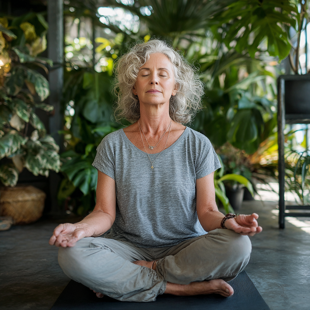 Femeie de 55 de ani practicând yoga în poziția lotus într-un studio luminos cu plante verzi în fundal