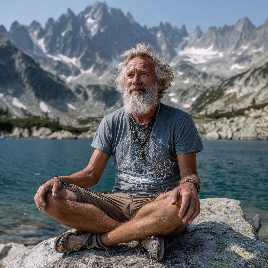Bărbat de 58 de ani meditând în natură, așezat pe o stâncă lângă un lac cu munții în fundal