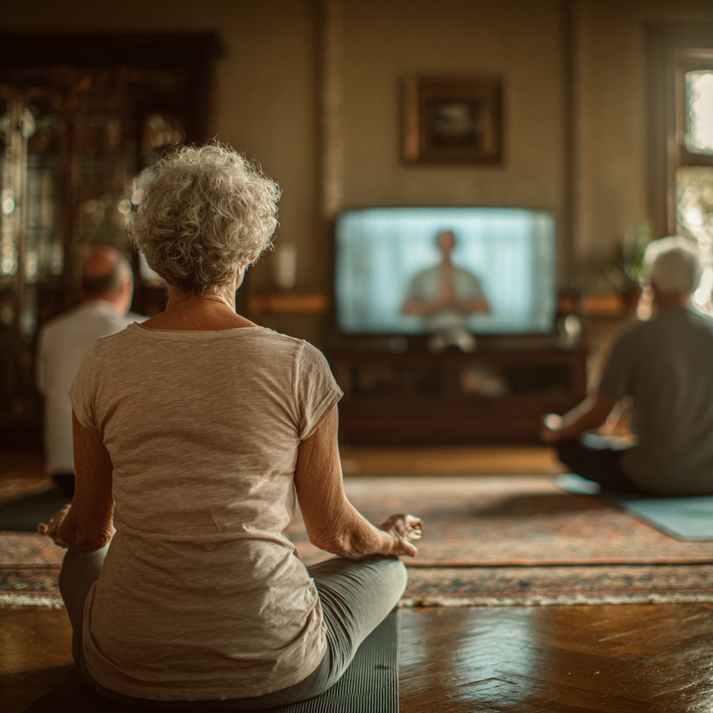 Grup de adulți între 50-60 de ani participând la o clasă de yoga online prin videoconferință, în livingurile lor